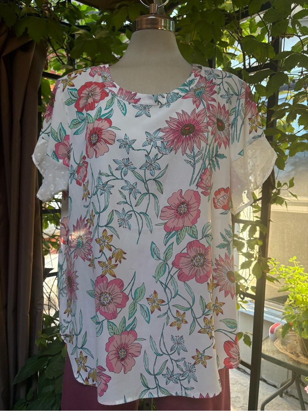 Van Heusen White Blouse with Pink Floral and Green Leaves